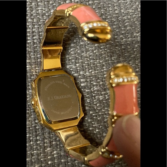 RJ Graziano Enamel, Gold Tone Crystal Quartz Cuff Watch